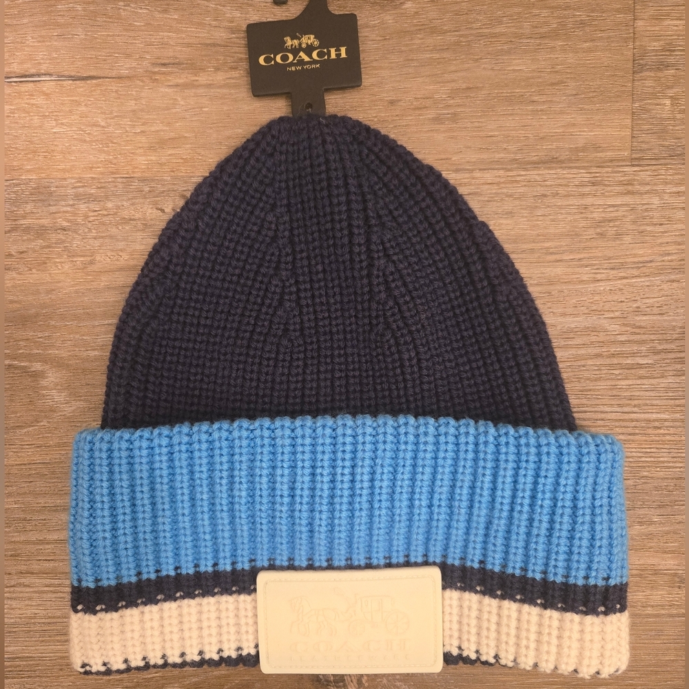 Coach Varsity Stripe Patch Beanie One Size Blue Multi